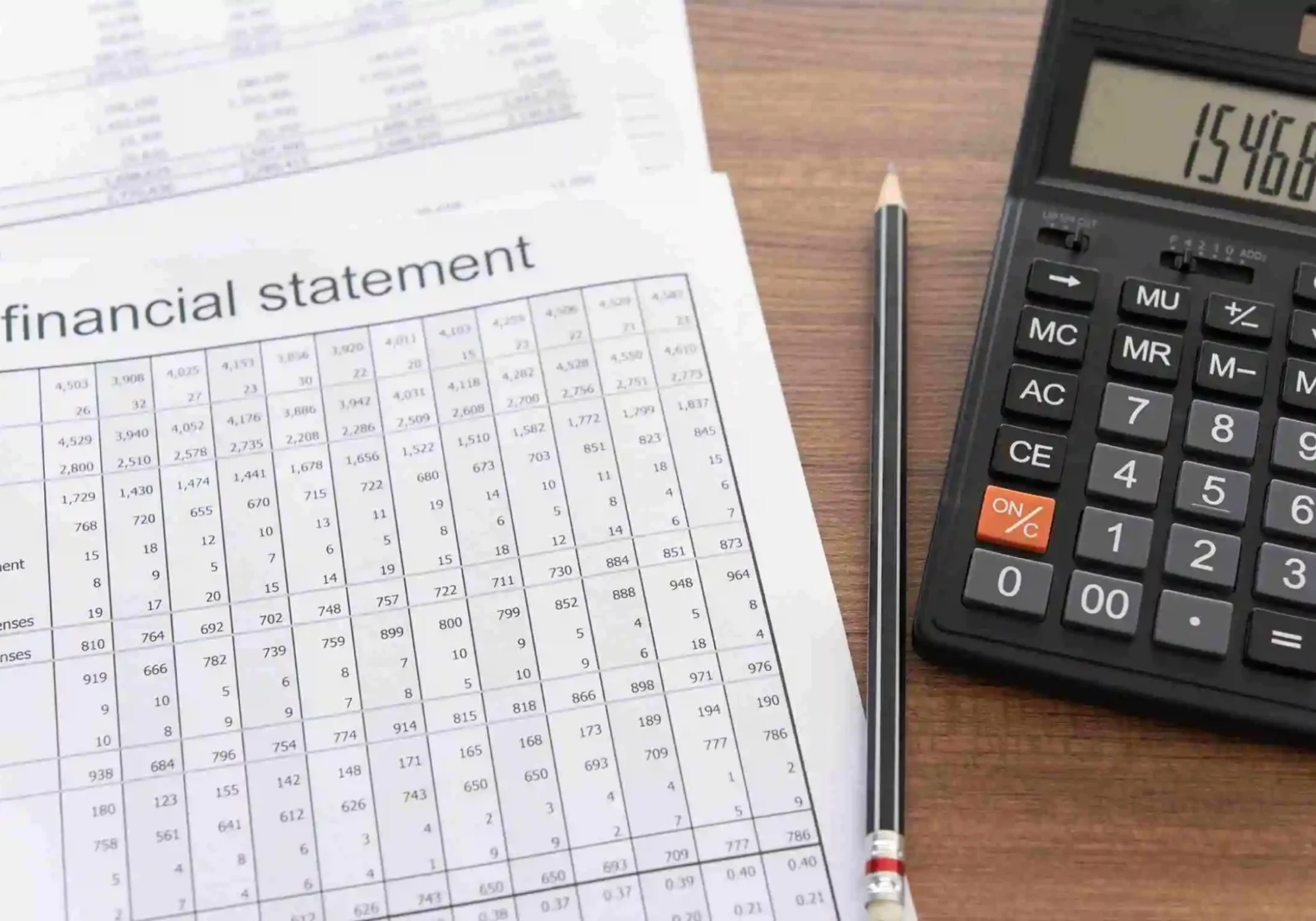 Company financial statement and calculator on a table